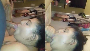 Chubby wife takes on a big pig in mouth and swallows it all