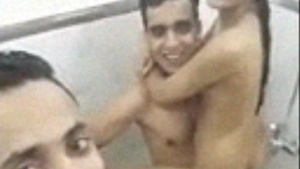 Twink threesome in bathroom for a steamy romantic sex experience